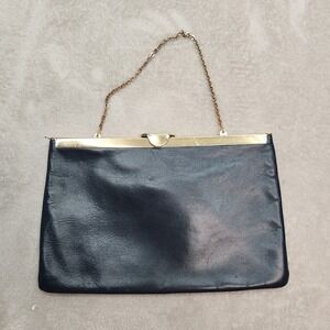 Vintage Etra Genuine Leather Black Evening Bag Gold Tone Chain Square Closure